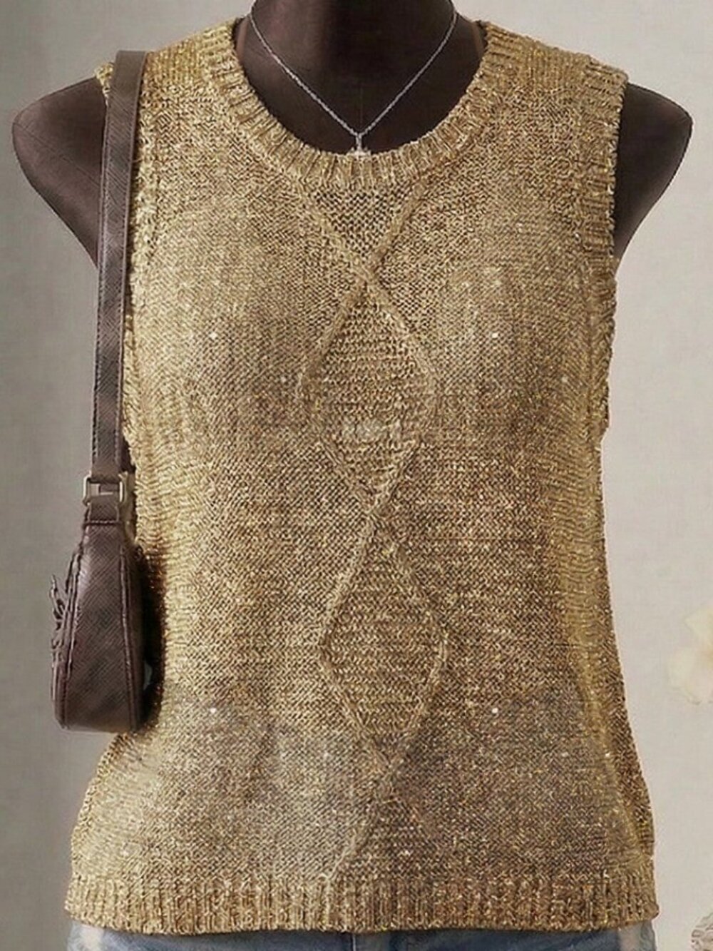 Gold Casual Women's Sleeveless Metallic Knit Top - Picture 2 of 4